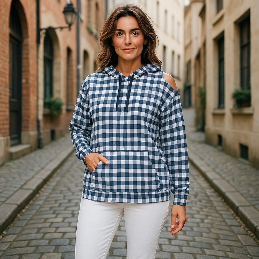 ❄️ Cato | Gingham Cold Shoulder Hoodie Various Sizes Available